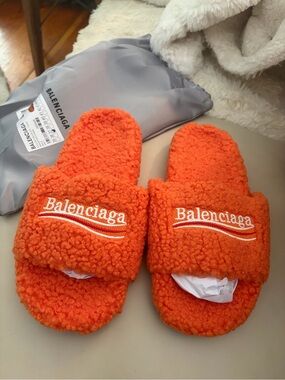 Balenciaga Bright Orange Sherpa Slides with White Logo